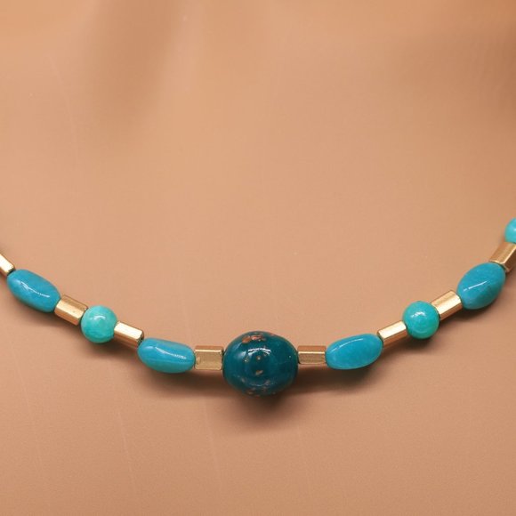 Necklace Hand Blown Green Glass Beads Green Turquoise Gold Metal Beads - Picture 3 of 3